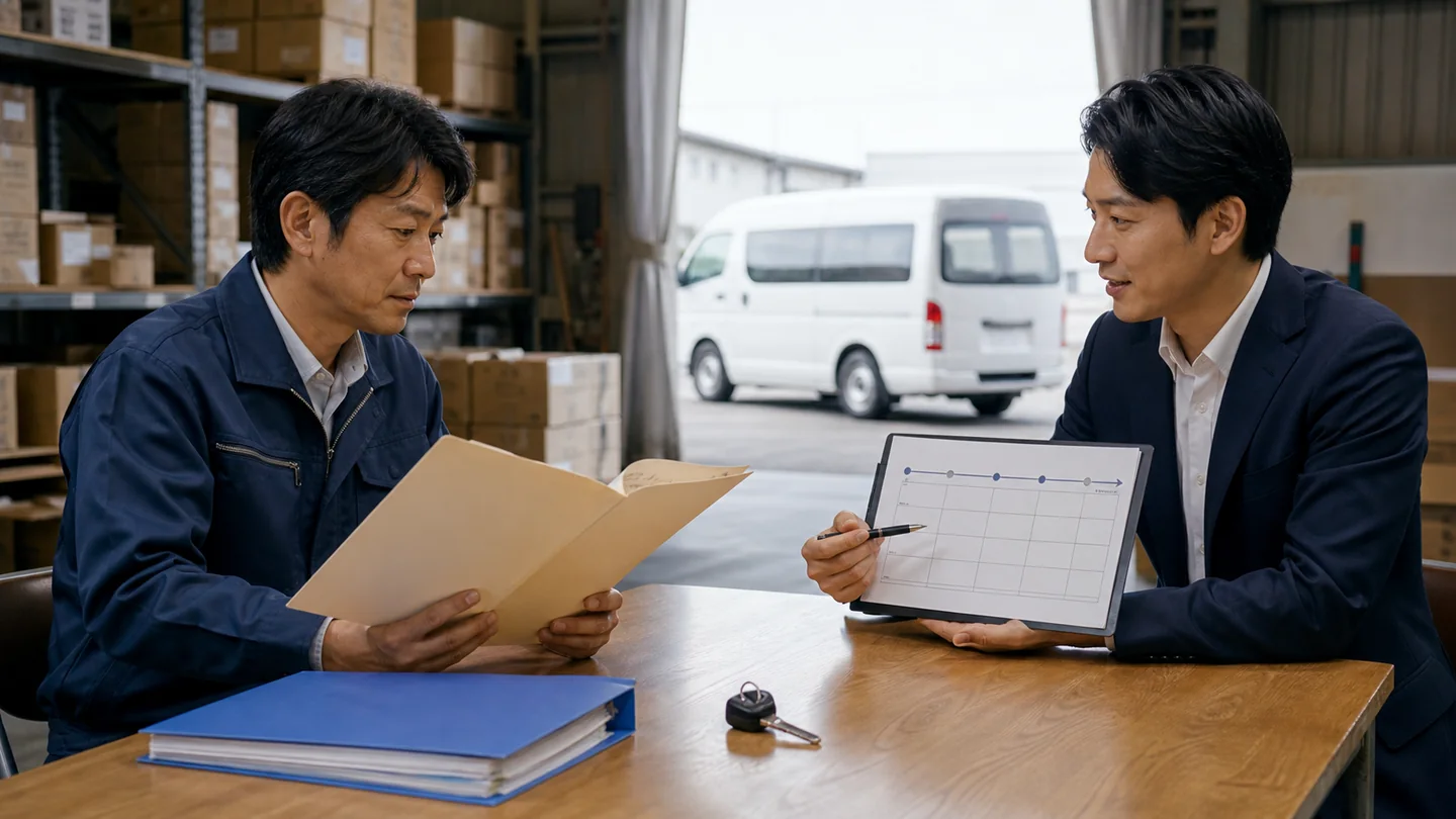 倉庫で仕入れ資金の三つの調達方法を比較する経営者