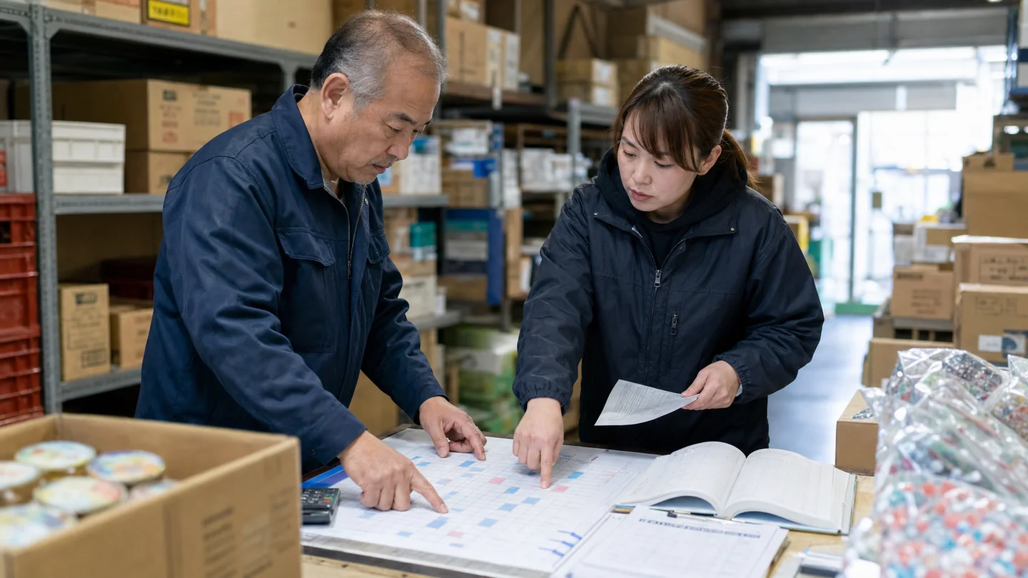 倉庫で仕入れ品と買掛金の支払予定を確認する経営者と担当者