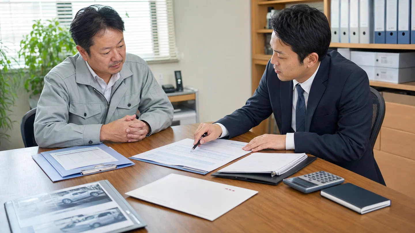 納付計画と複数の資金調達条件を相談員と比較する経営者