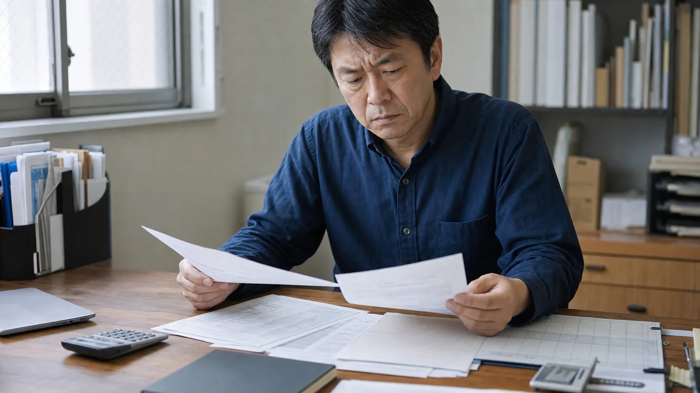 税金の納付書と資金繰り表を確認する会社経営者