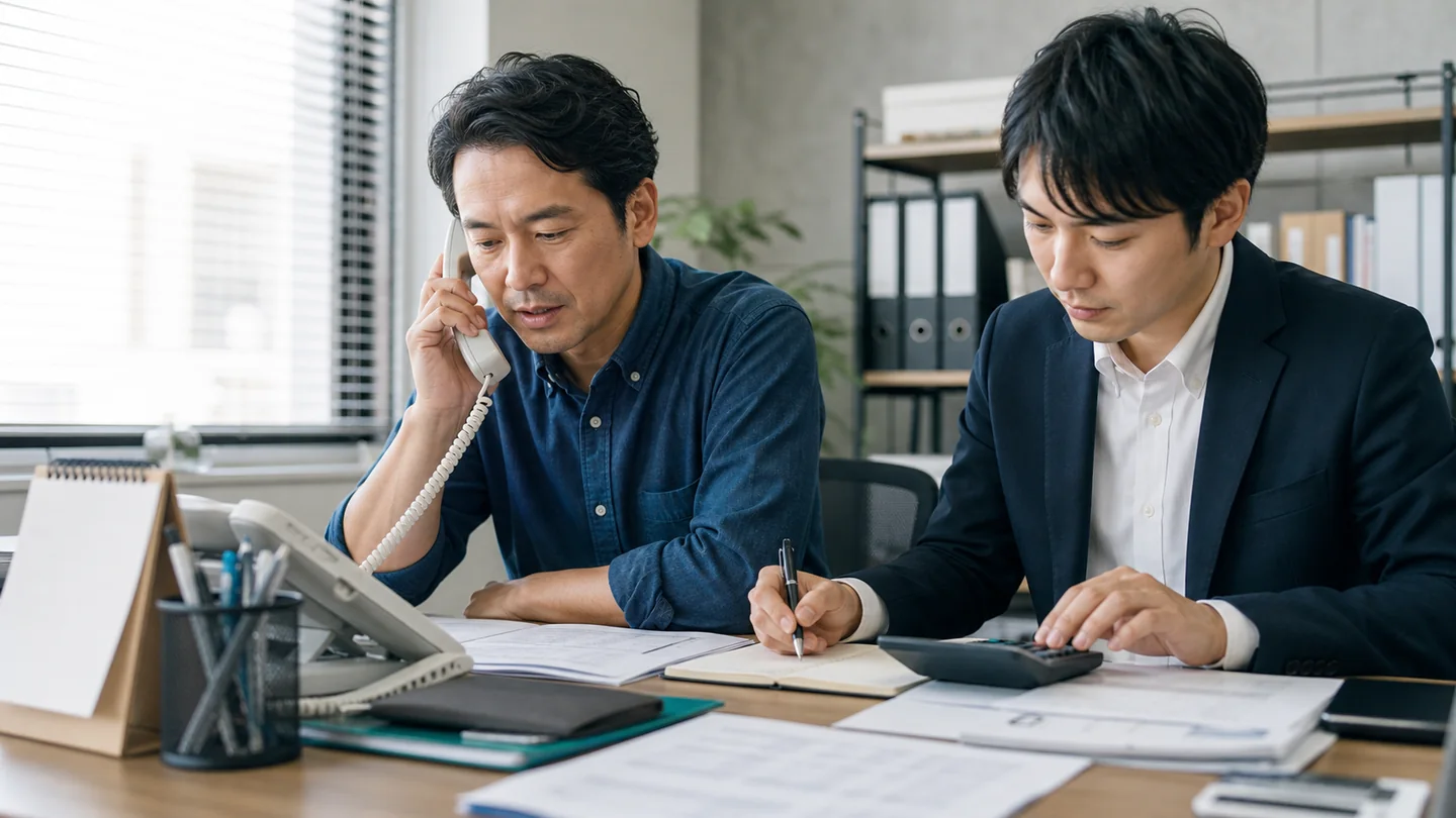 税務署へ電話相談しながら納付計画を作る経営者と会計担当者