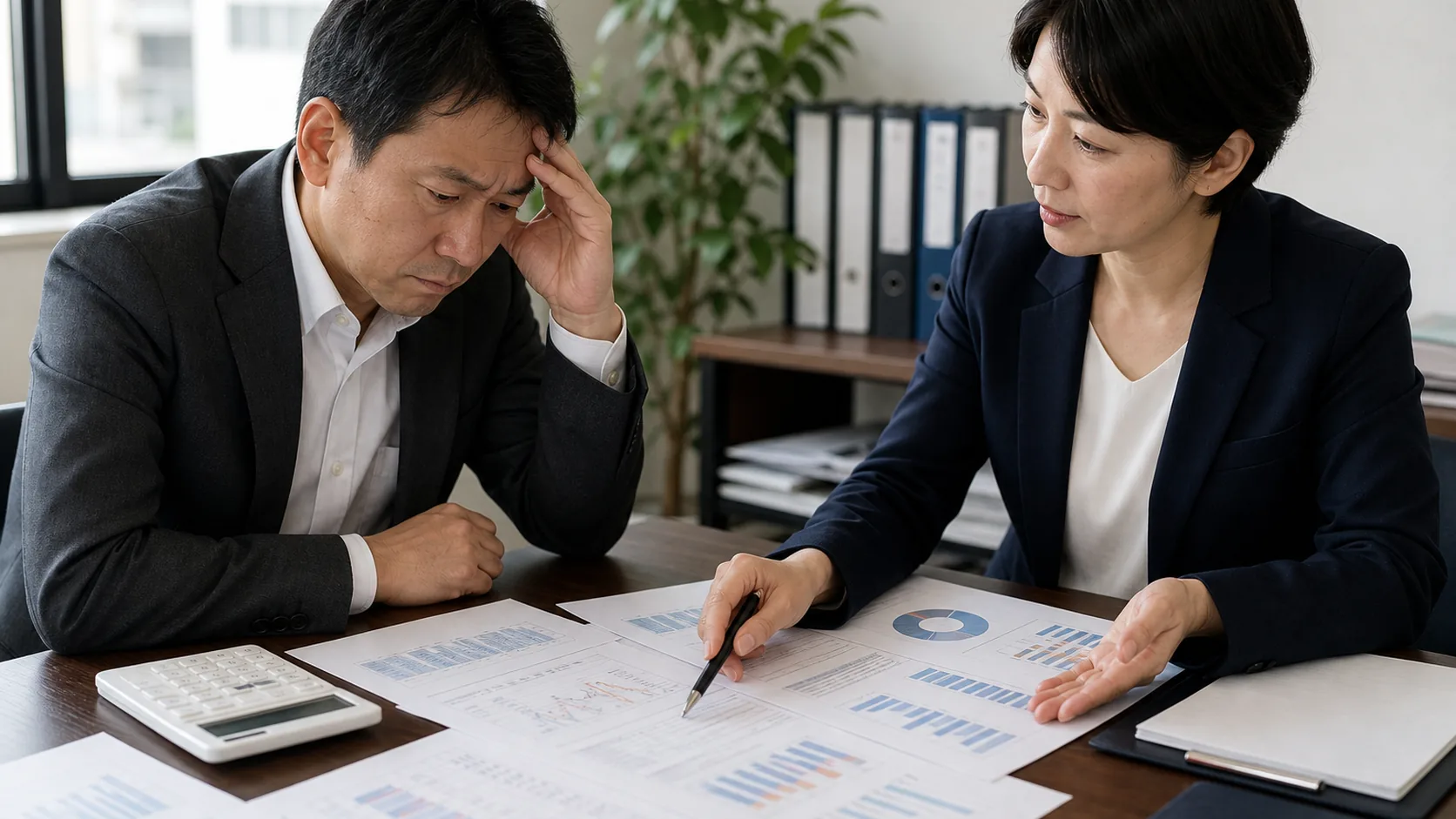経営者が税の納期限と営業支払を支援者と13週表で確認する場面
