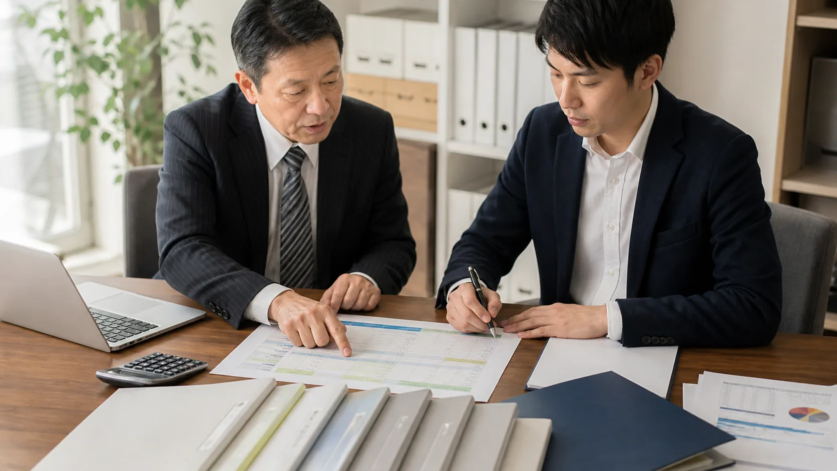 会社と支援者が税務署相談・資金調達・積立計画を整理する場面