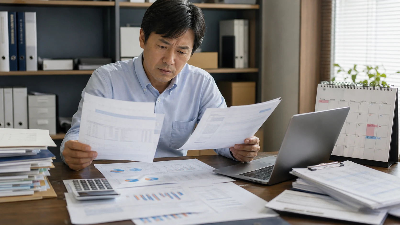 3か月の入金・支払い予定をカレンダーで確認する中小企業経営者