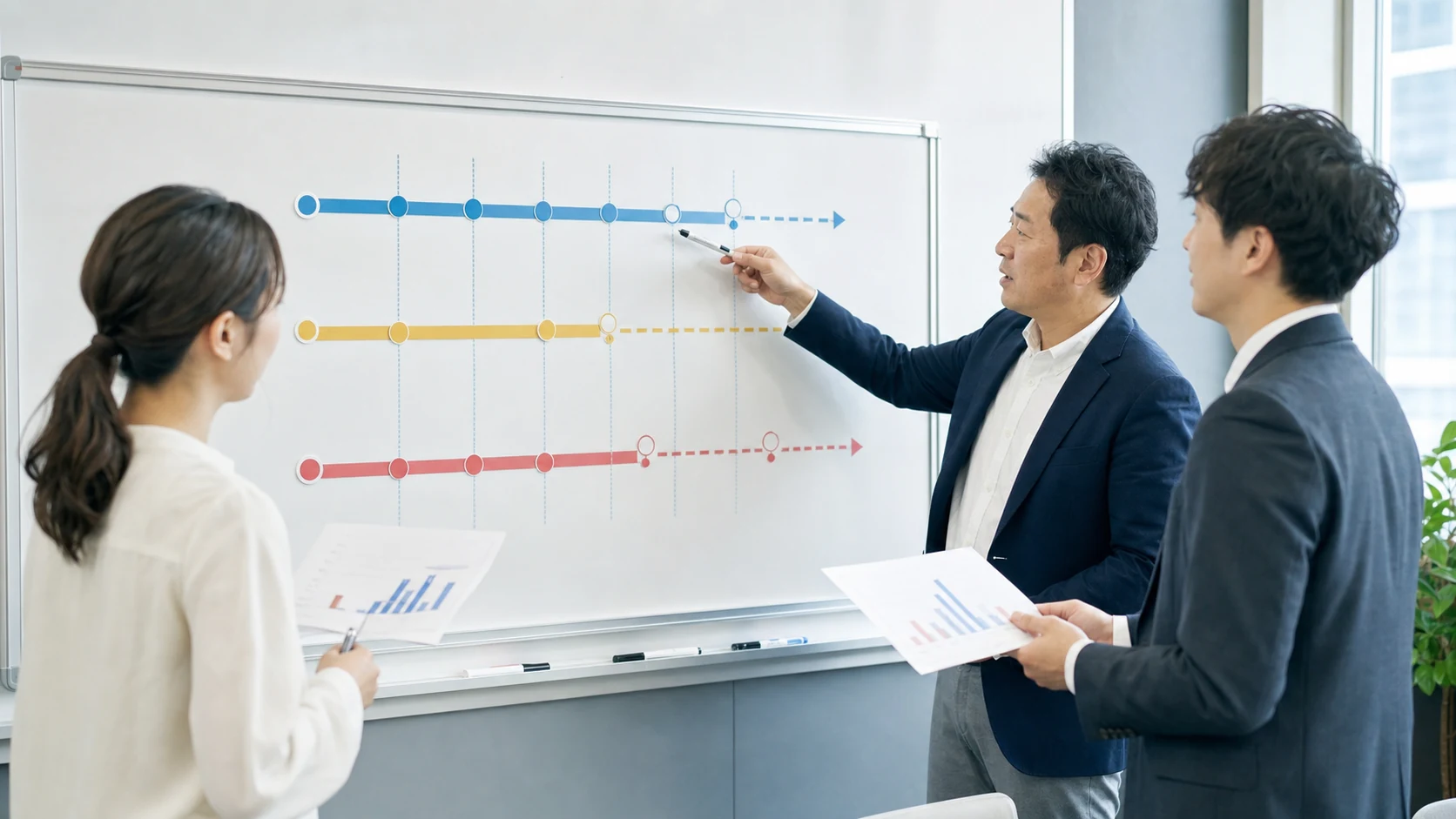基準・悪化・改善の3ケースを比較して90日先の相談期限を決める経営会議