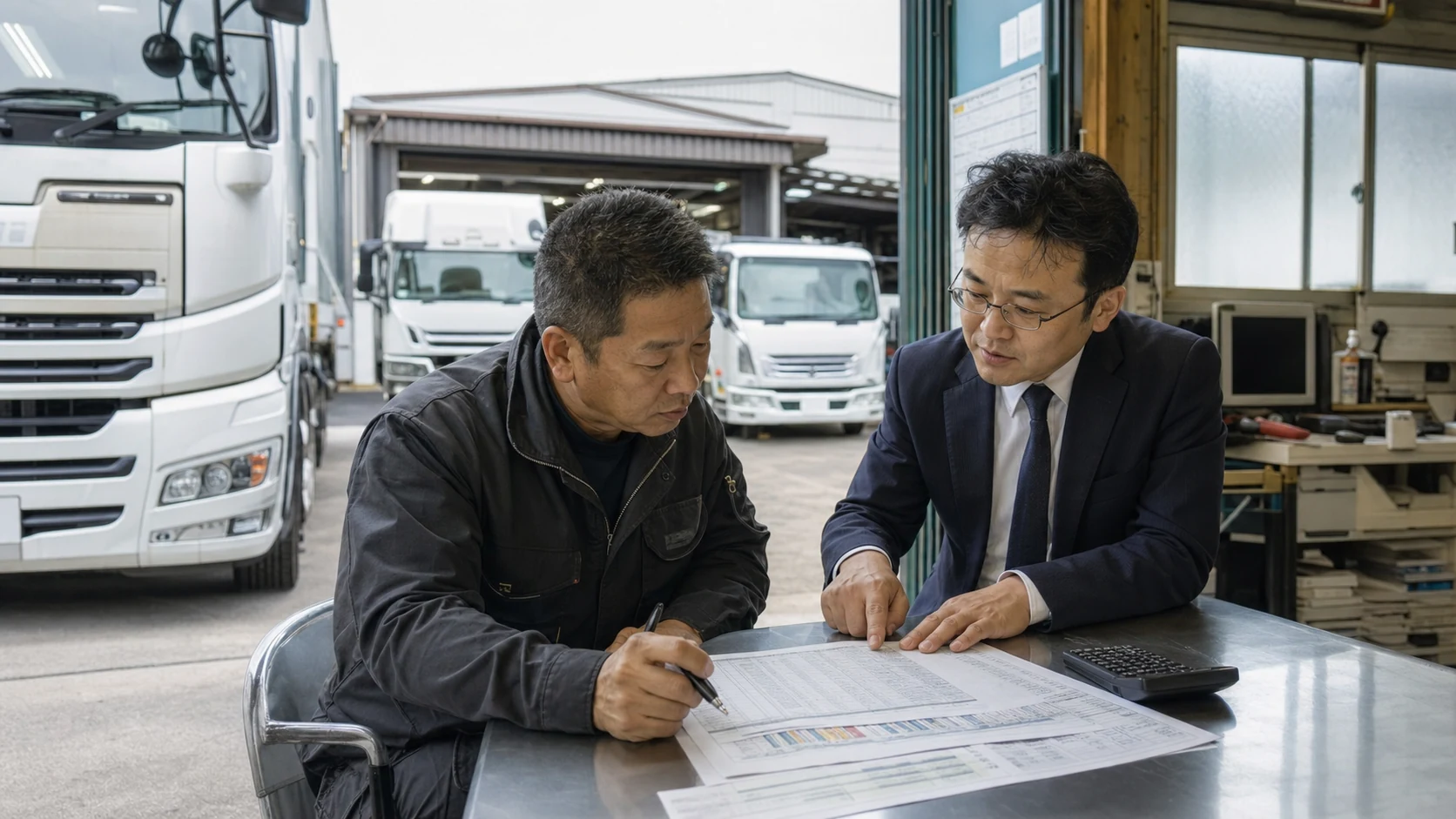 トラック営業所で燃料費と給与と便別採算を確認する運送会社経営者