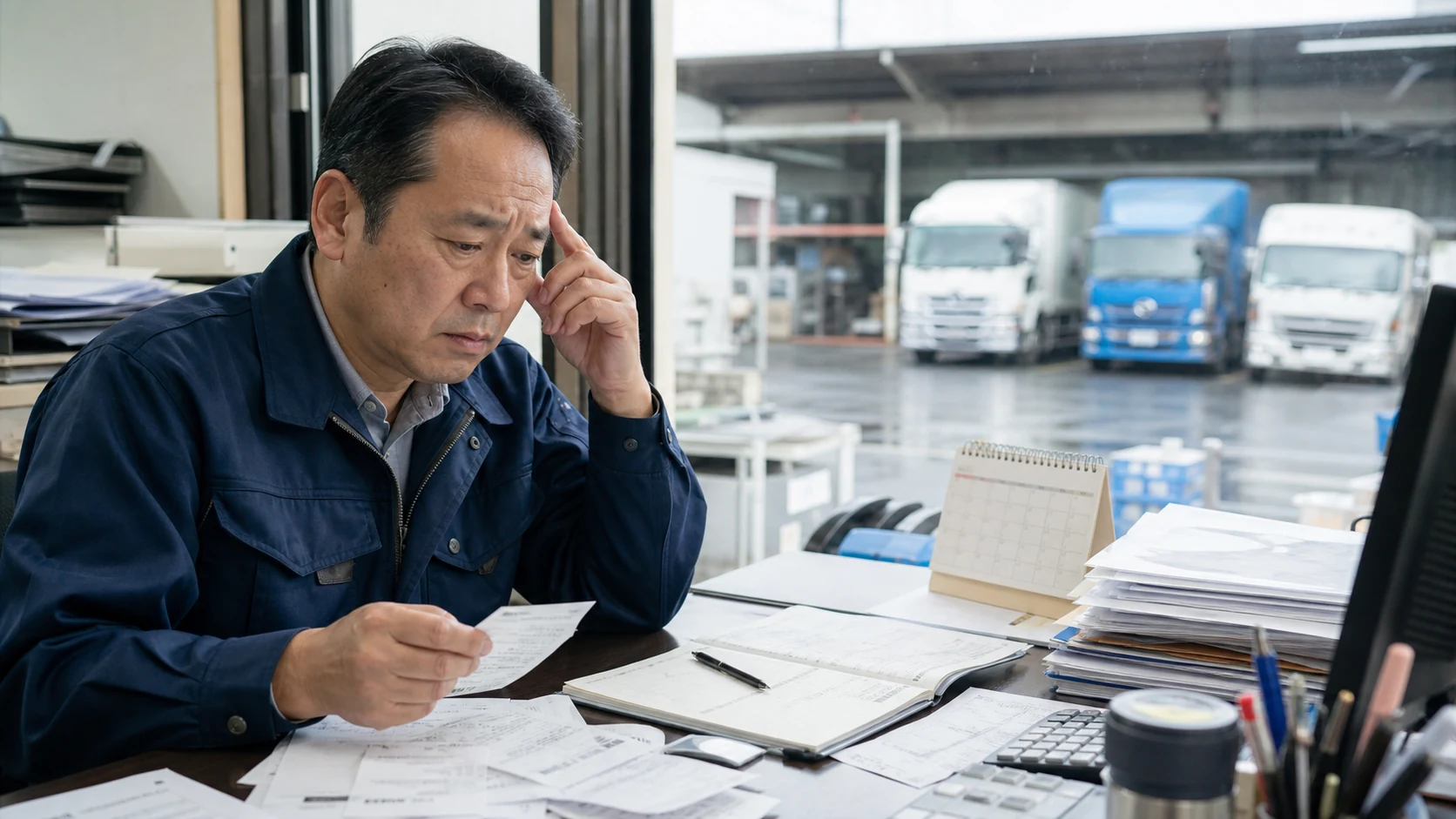 燃料費と給与の支払予定を確認する運送会社経営者