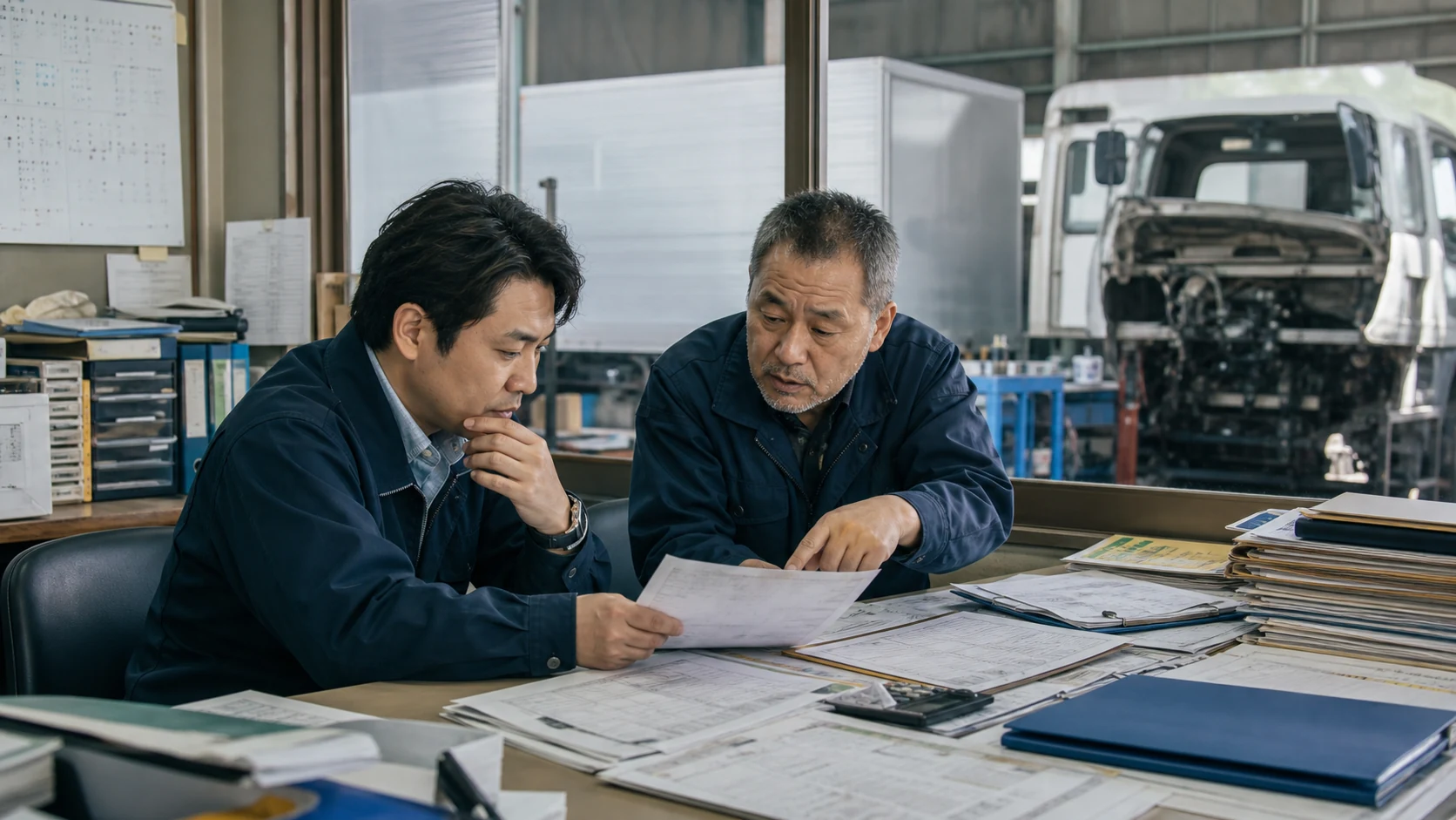 運送会社の経理担当と整備責任者が燃料費・給与・修理費・回収予定を確認する場面