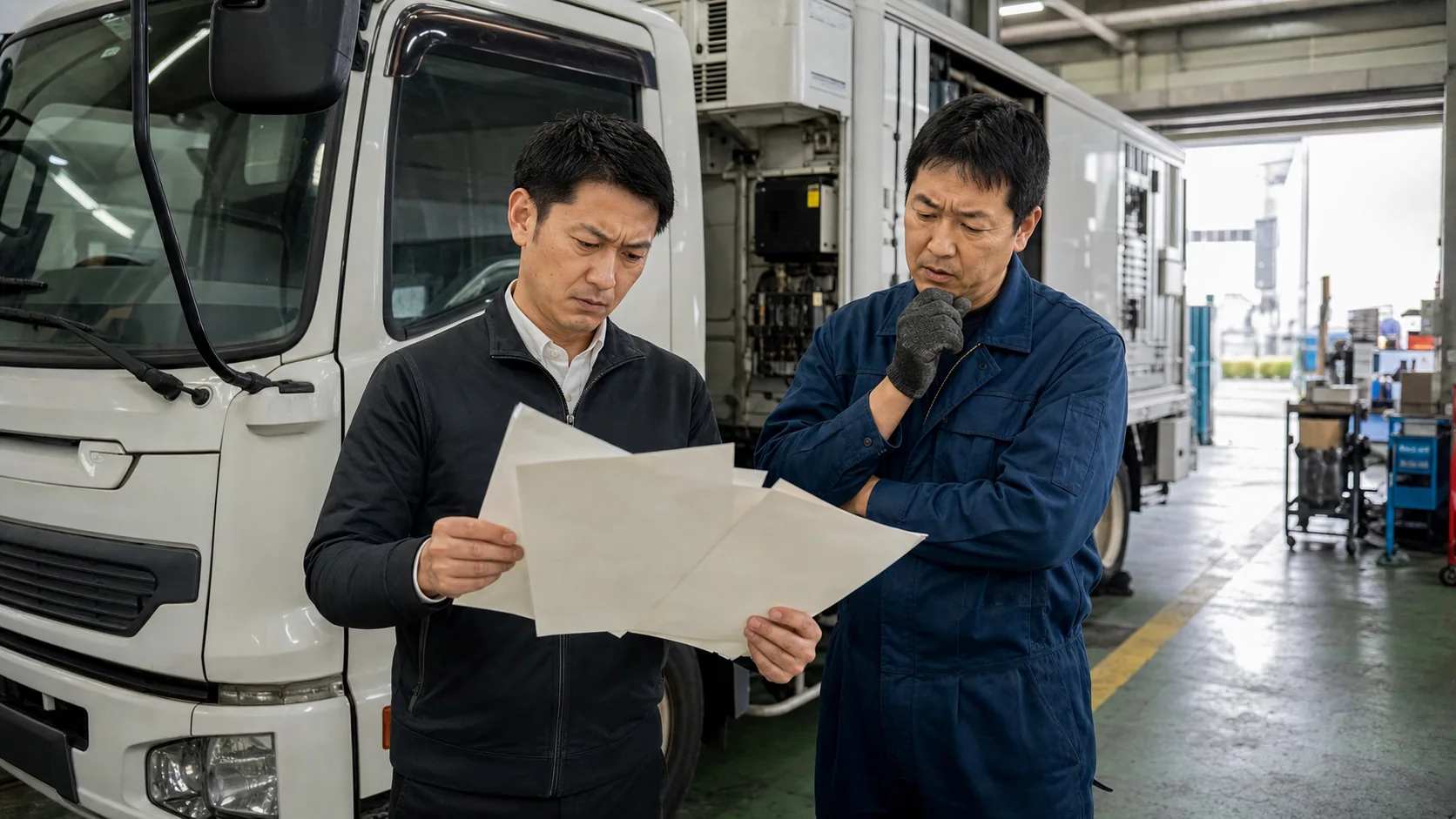 トラックの車検証、架装仕様書、整備記録をそろえる運送会社経営者