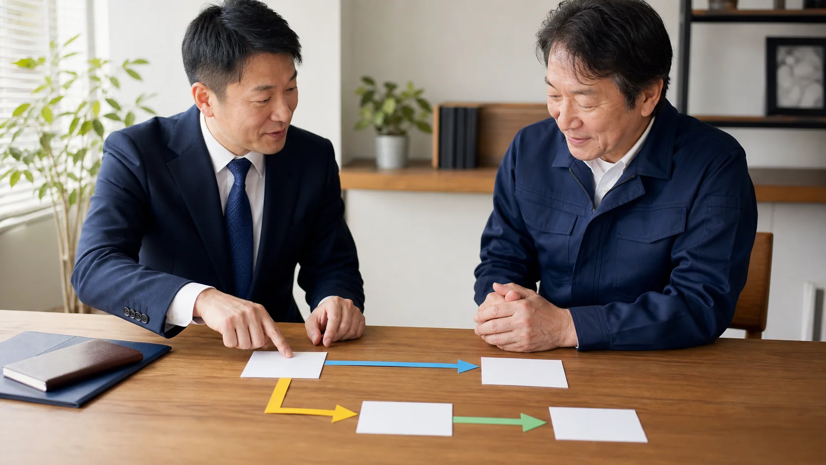 二社間と三社間の二つの資金経路をカードと矢印で図解する相談員