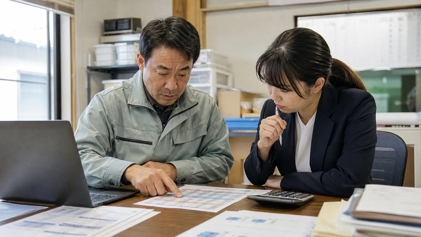 急ぎの資金不足額と支払日を確認する中小企業経営者