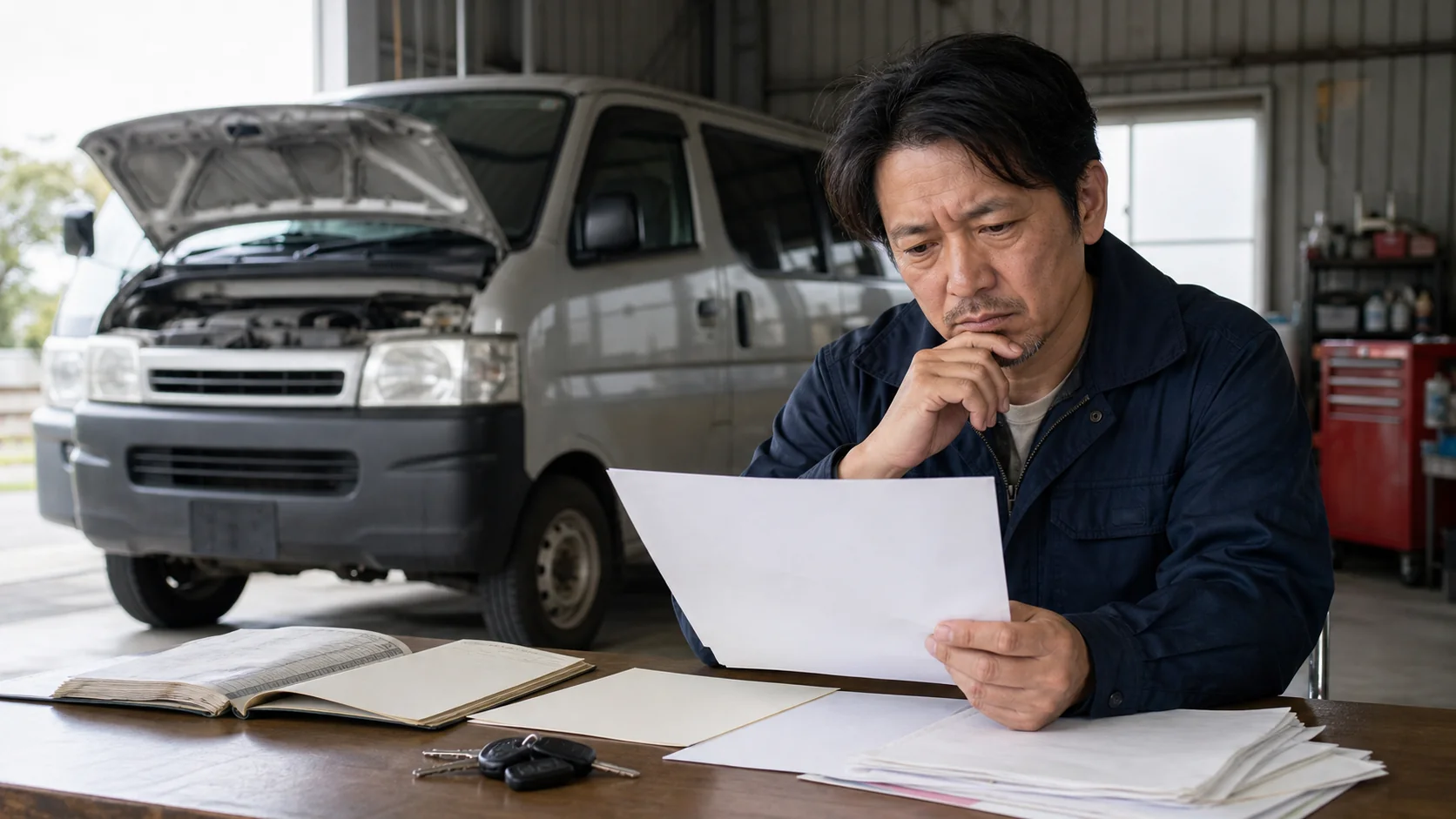 古い社用車の整備記録と走行距離を確認する中小企業経営者