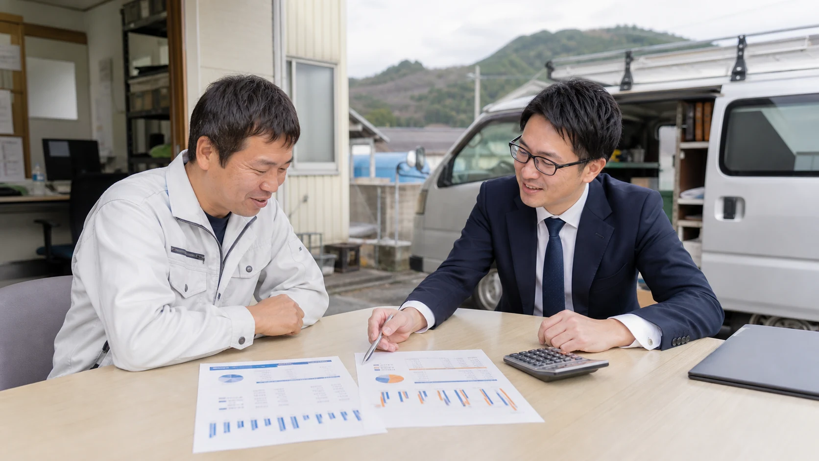 社用車を背景に貸借対照表の契約前後を確認する中小企業経営者と財務担当者