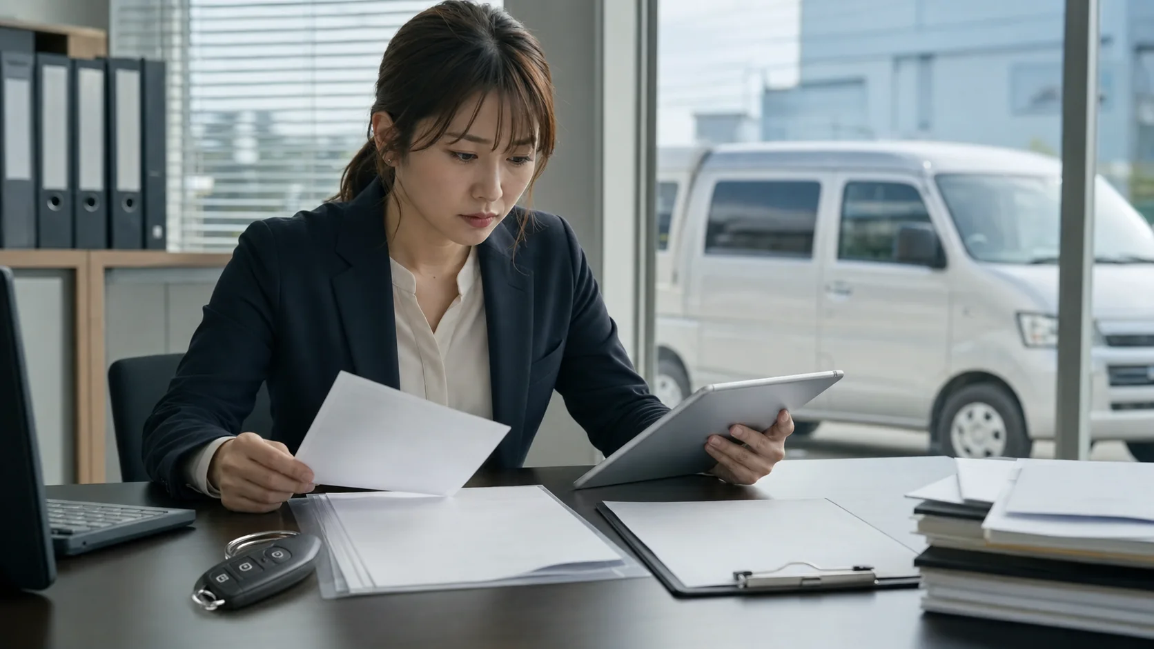 電子車検証の所有者と使用者を確認する中小企業経営者