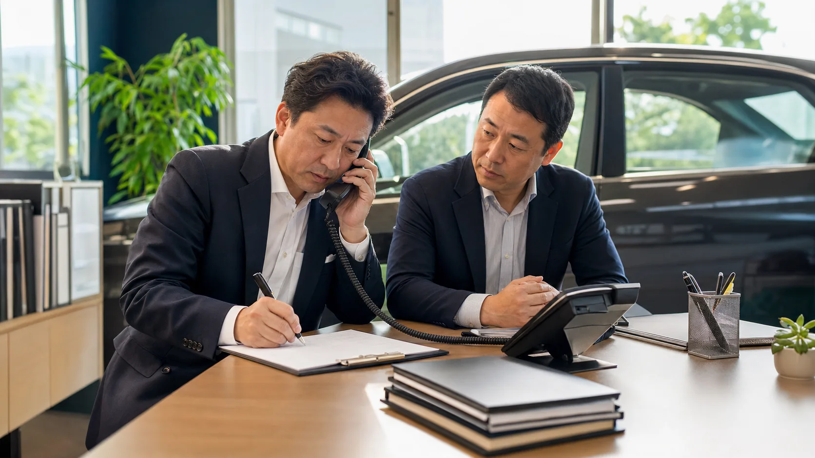 ディーラーとローン会社へ所有権解除条件を確認する経営者
