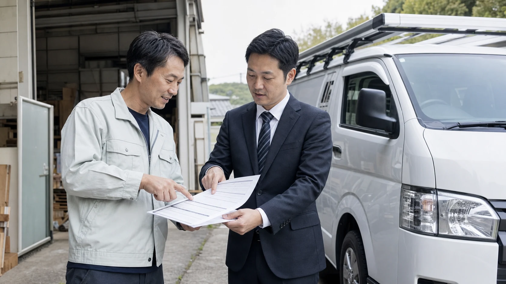 業務用バンを前に車両担保融資とリースバックの契約書を確認する経営者