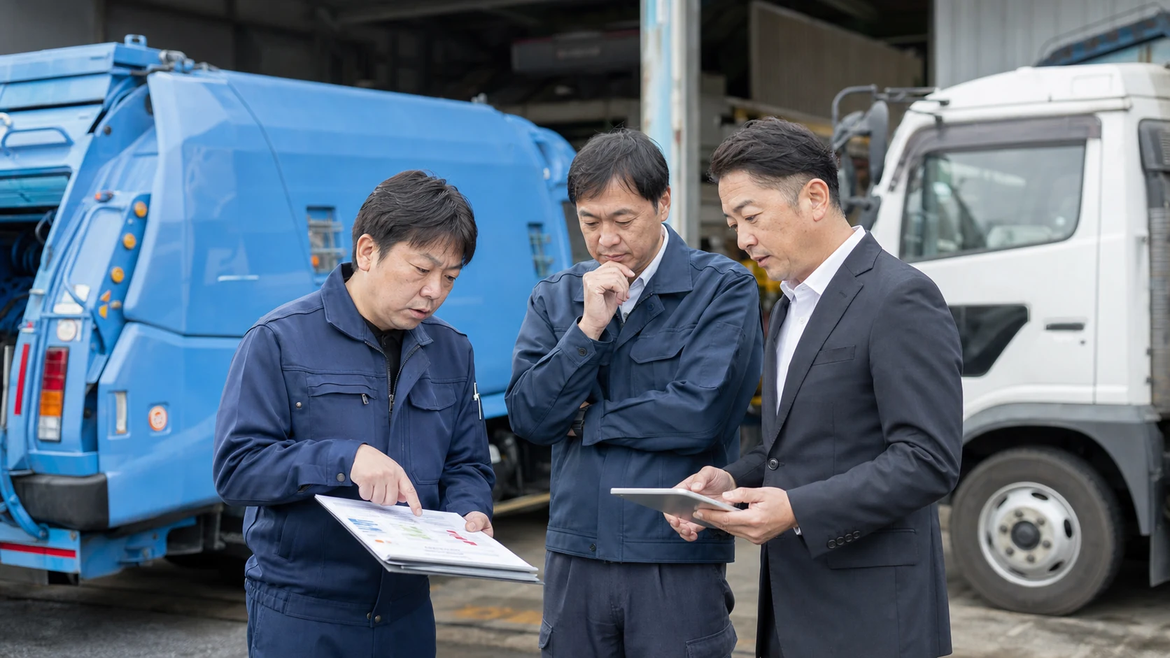 収集車の前でコース別採算と修繕予定と車両稼働を確認する廃棄物収集会社