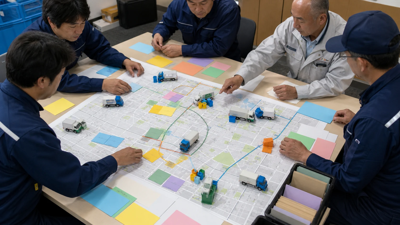 収集コース・積載率・整備予定を色分けする廃棄物収集会社の会議