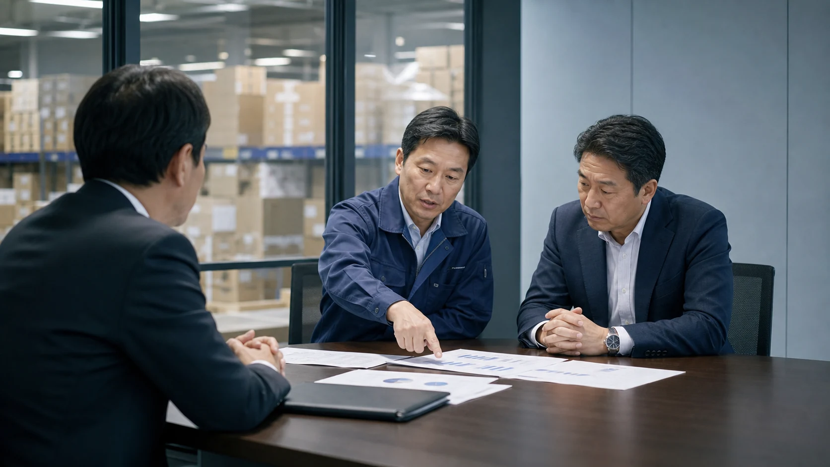 卸売会社の経営者と財務担当が銀行担当者へ商品群別在庫と回収計画を説明する場面