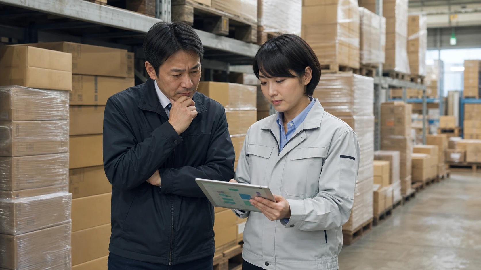 卸売会社の倉庫で経営者と在庫管理者が商品別在庫と支払予定を確認する場面