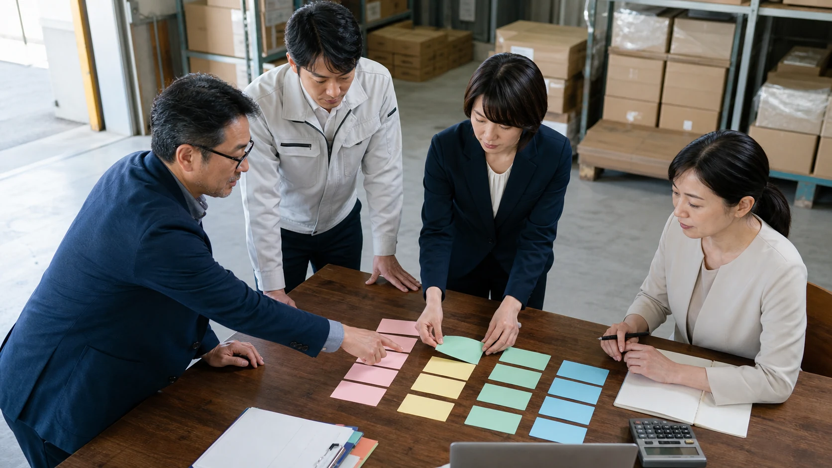 卸売会社の経営者・営業・倉庫・経理が在庫と回収の13週計画を確認する場面