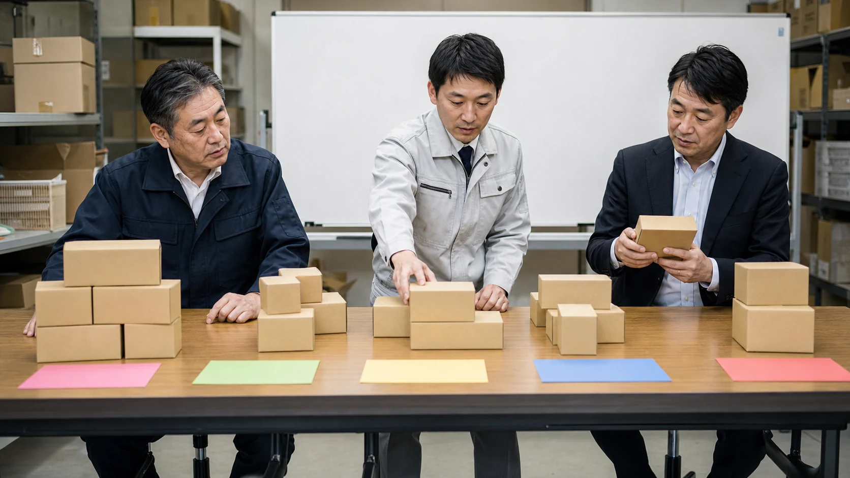 商品別の在庫回転と売掛回収を色分けする卸売会社の会議