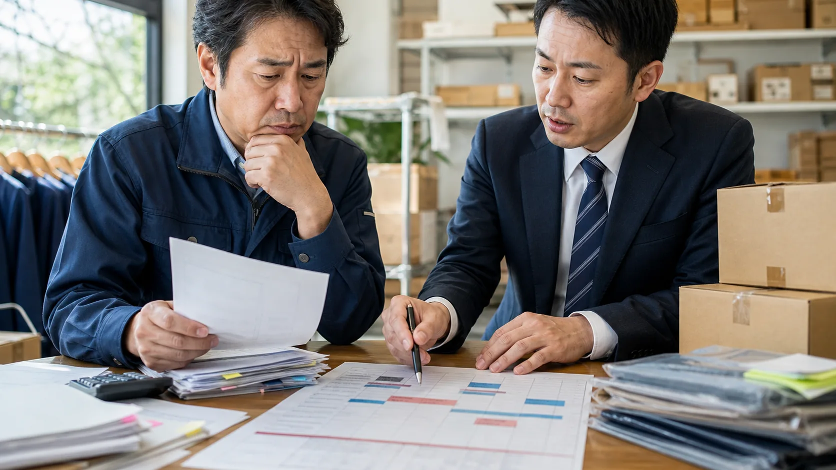 経営者とコンサルが入金前の仕入・人件費・税の資金の谷を確認する場面