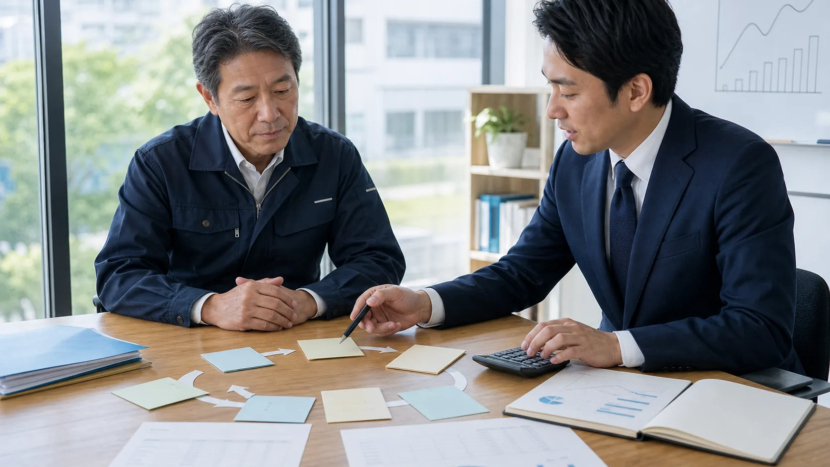 会社とコンサルが運転資金の商流・必要額・返済期間を整理する場面