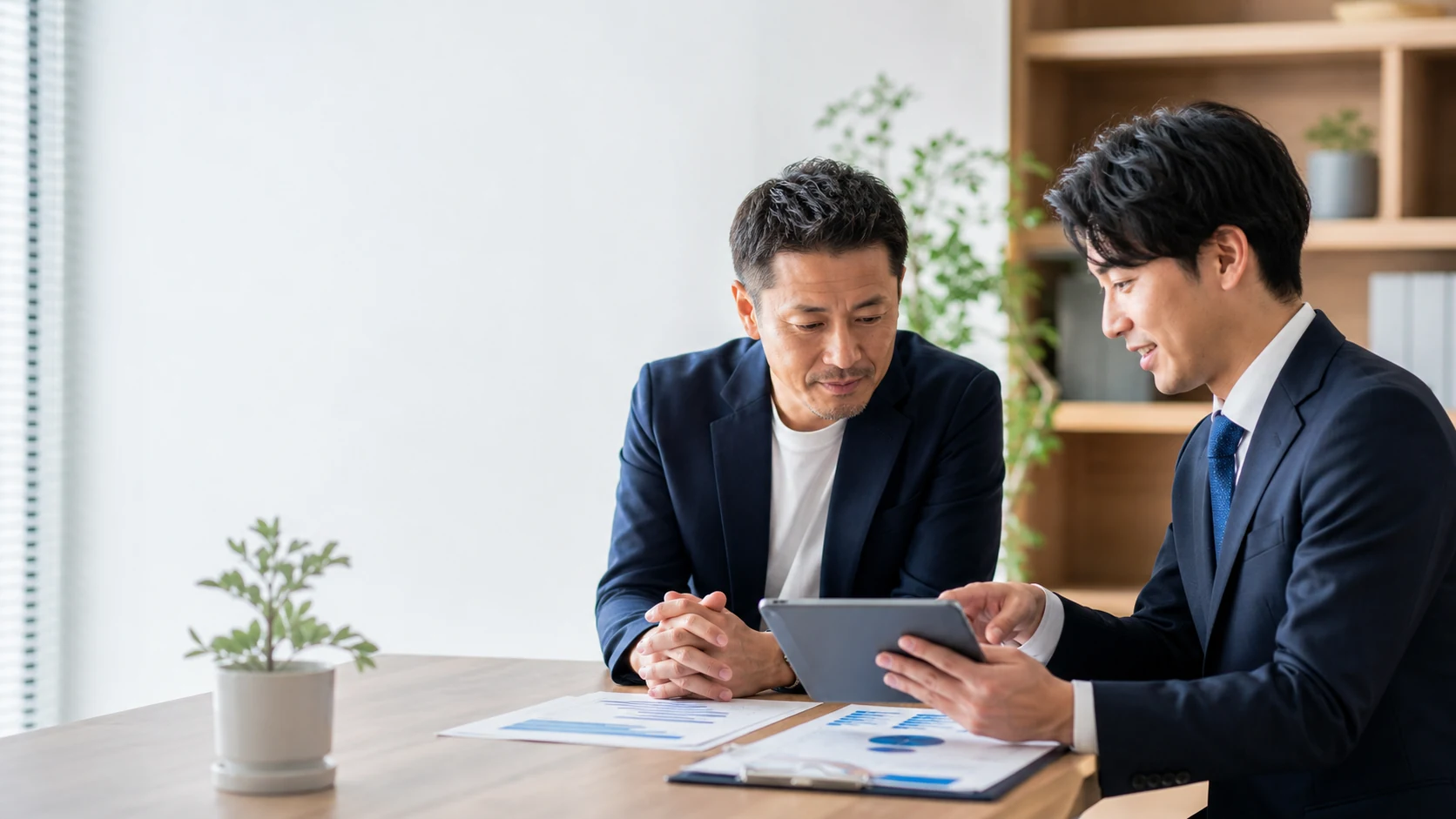 中小企業の経営者と財務担当者が資金繰り表を確認する様子